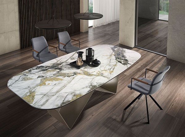 Обеденный стол 1140/MC23182DT из керамики и стали цвета шампанского
