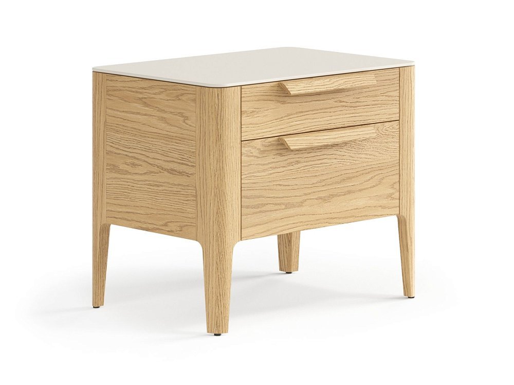 Тумба прикроватная Piega с двумя выдвижными ящиками в цвете дуб соломенный матовый и типом столешницы Супер-матовый бисквитный (ХДФ)