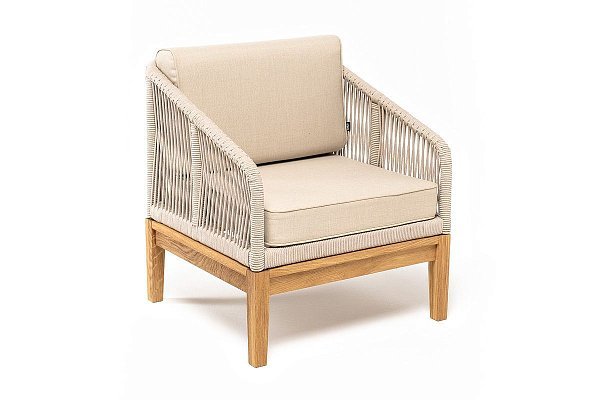 Канны кресло плетеное из роупа, основание дуб, роуп бежевый круглый, ткань бежевая 15052