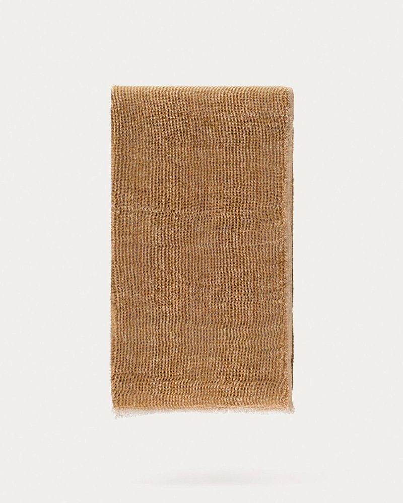 Sanae горчичный 100% льняной плед с бахромой 130 x 170 см