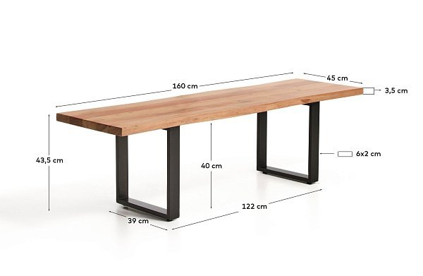 Скамейка Uxue из массива акации с черными стальными ножками, 160 x 45 см