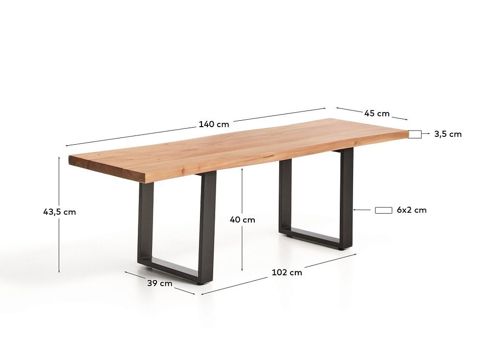 Скамейка Uxue из массива акации с черными стальными ножками, 140 x 45 см