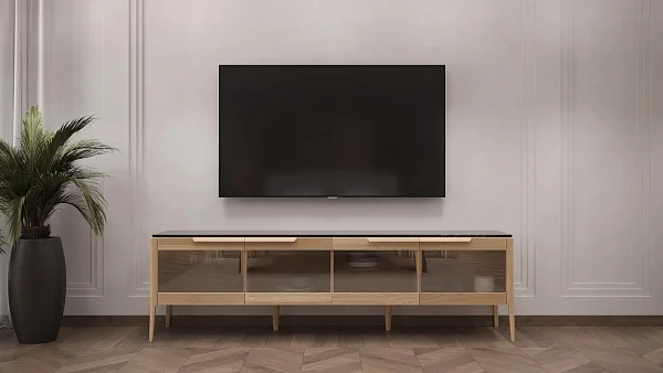 Тумба под ТВ RIVI Harvey со стеклом (молочный дуб) 212,2x45x61,5