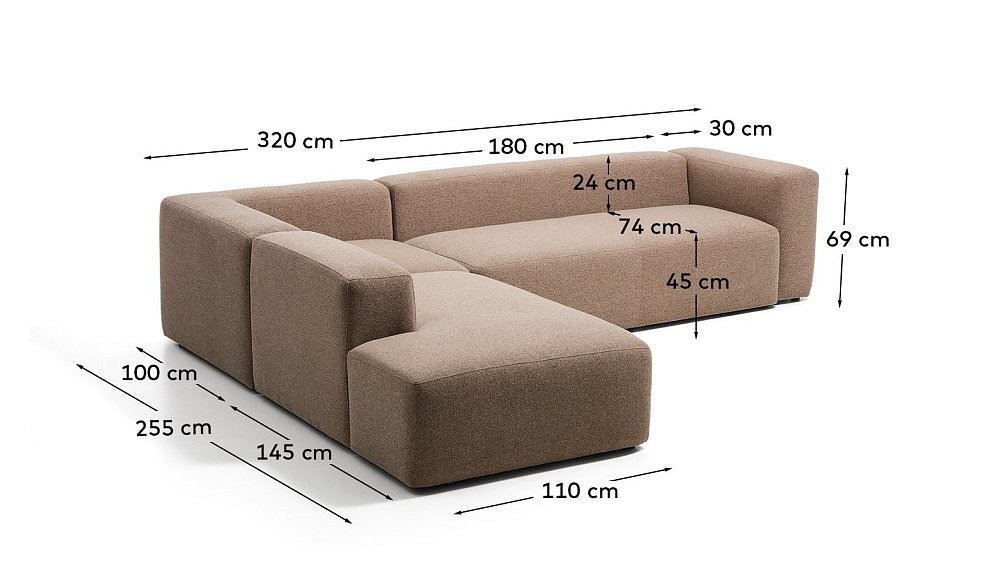 Угловой пятиместный диван Blok из коричневой синели с левым шезлонгом, 255 x 320 см