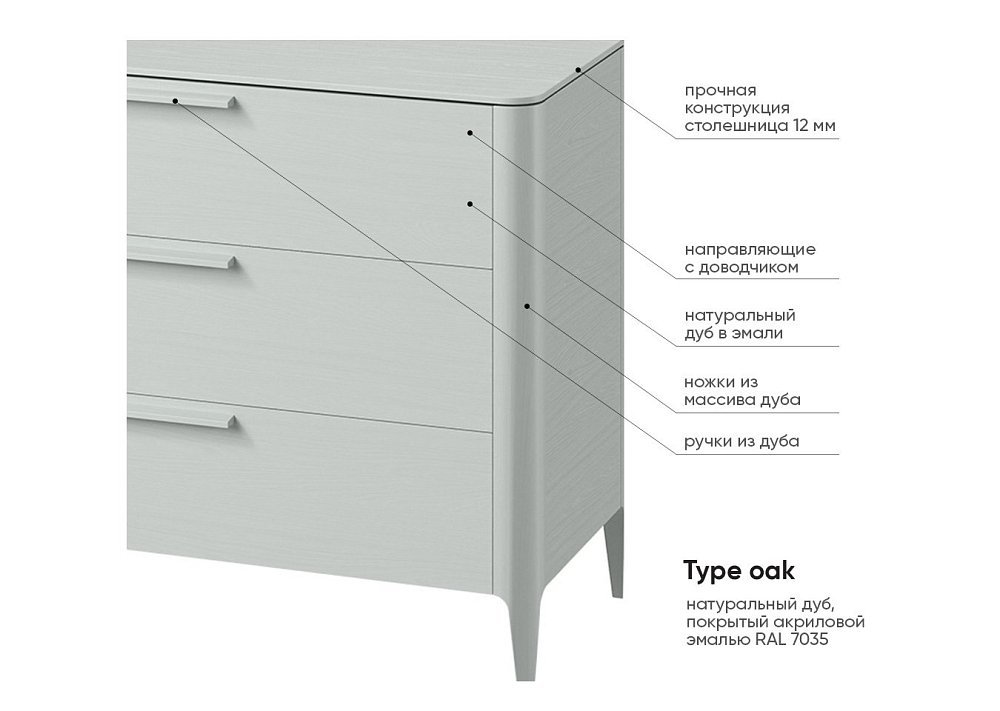 Комод Type oak 3 ящика ширина 120 см (светло-серый)